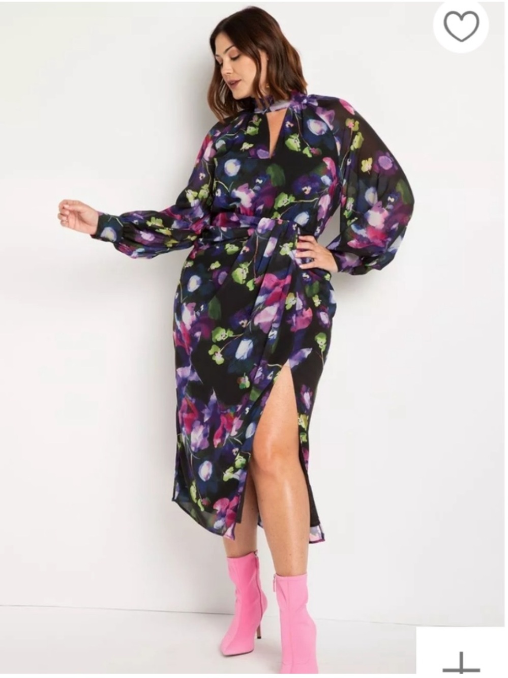 Eliquii Mock Neck Cutout Floral Midi Long Sleeve Dress Sz 28 Black Purple Flowy